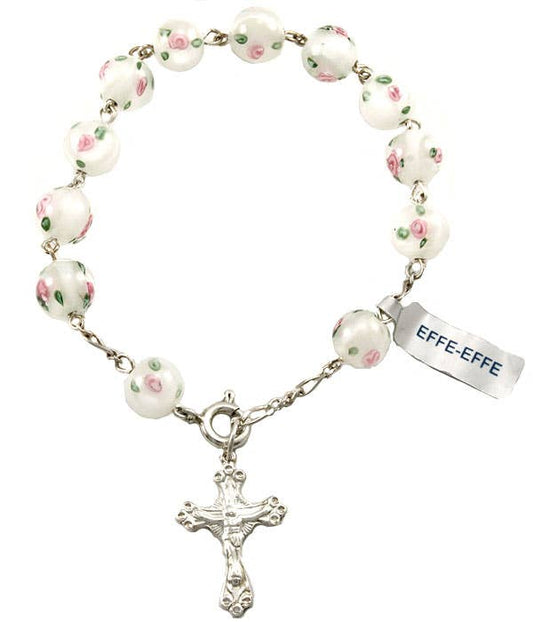 Rosary Bracelet White Luma Glass Beads 925 Silver Crucifix