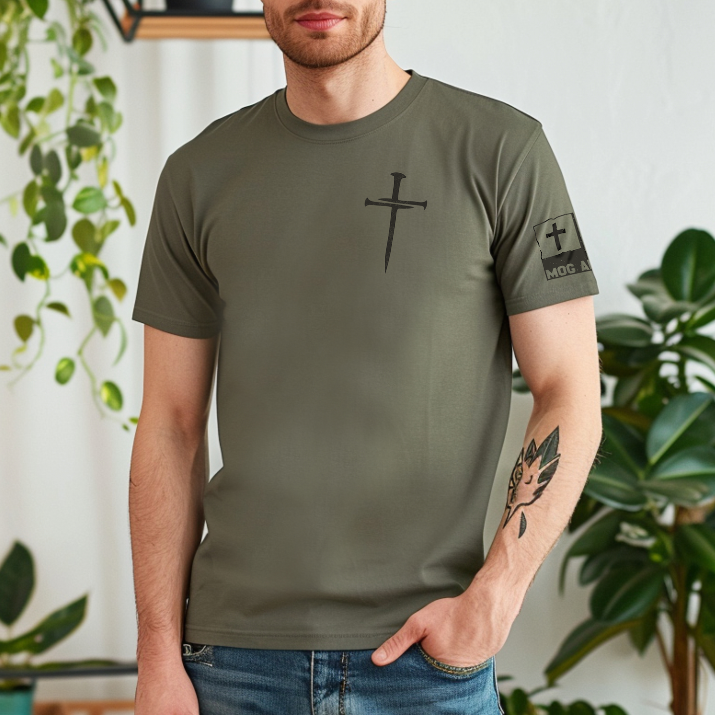 Three Nails Christian Graphic Tee - Heather Mil. Green