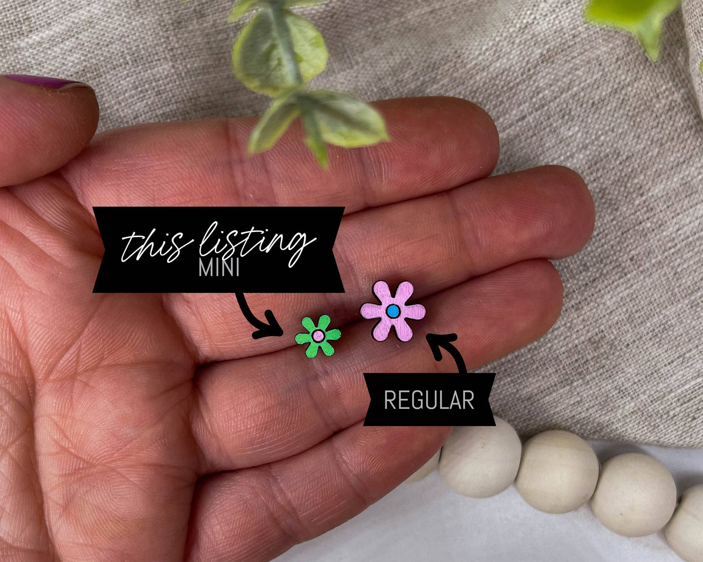 Mini Vintage Flower Wood Stud Earrings