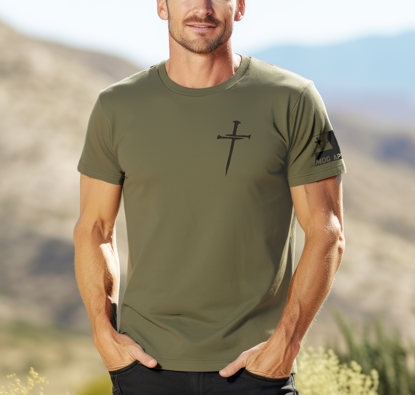 Three Nails Christian Graphic Tee - Heather Mil. Green