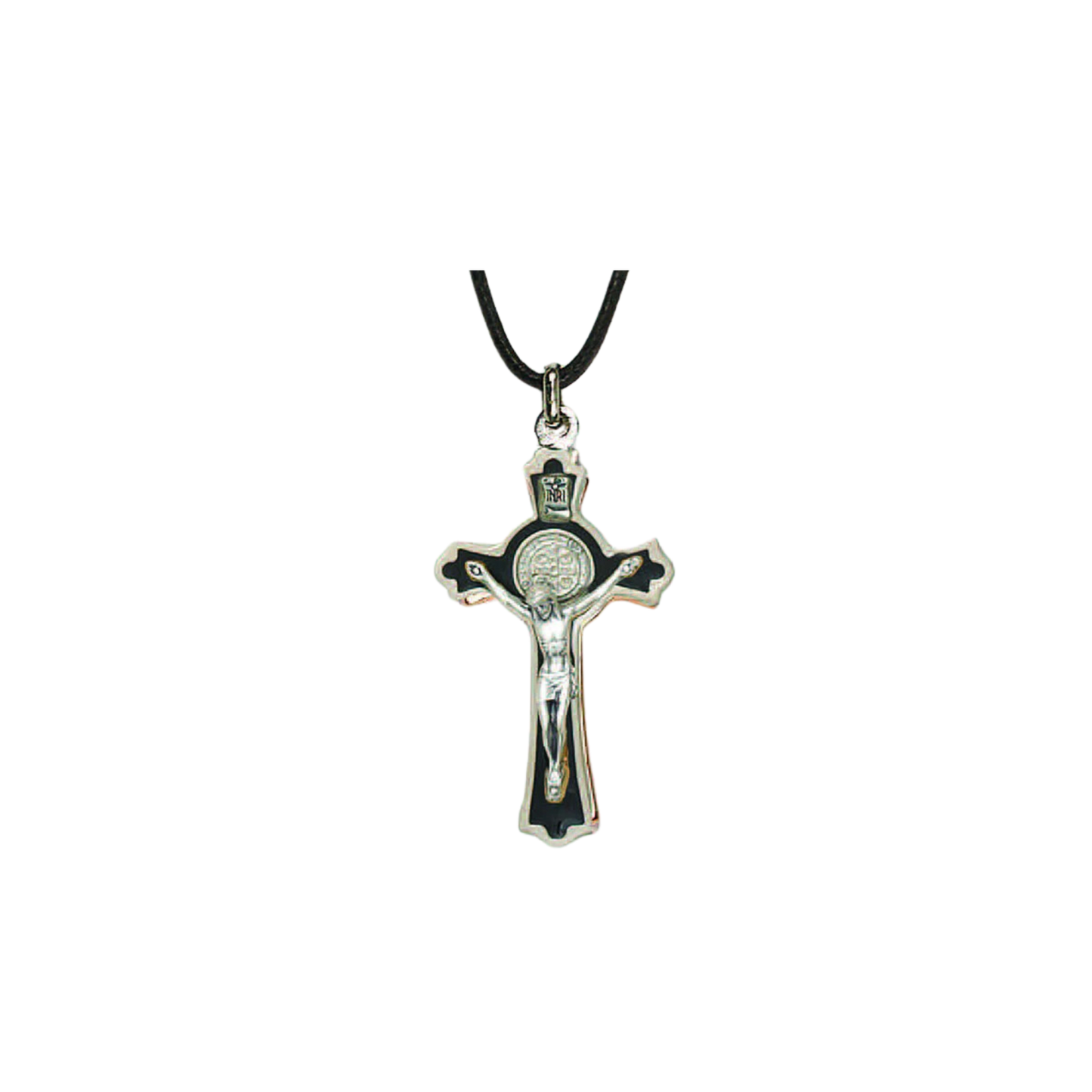 St. Benedict Black Enamel Crucifix Necklace 2.5"