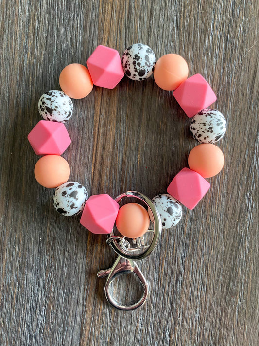 Coral and Black White with Pink Hex Bead Wristlet Keyring