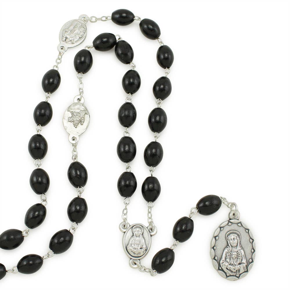 Seven Sorrows Chaplet Rosary Black Wooden Beads & Pouch