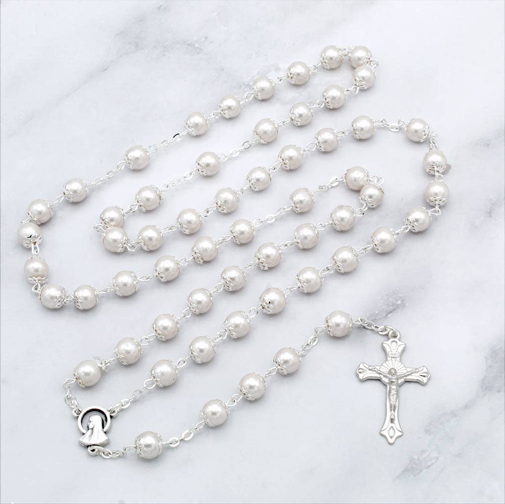 Lady of Lourdes Pearl Capped Beads Rosary