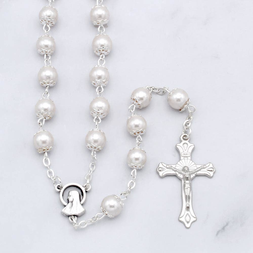 Lady of Lourdes Pearl Capped Beads Rosary