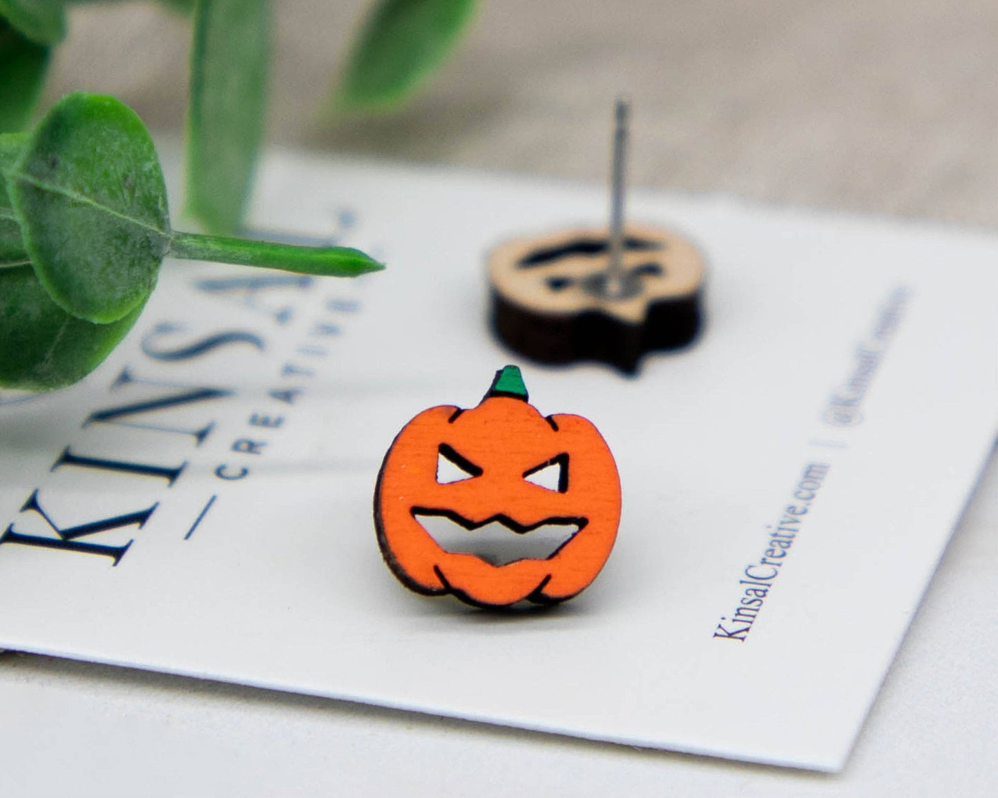 Jack-O-Lantern Wood Stud Earrings