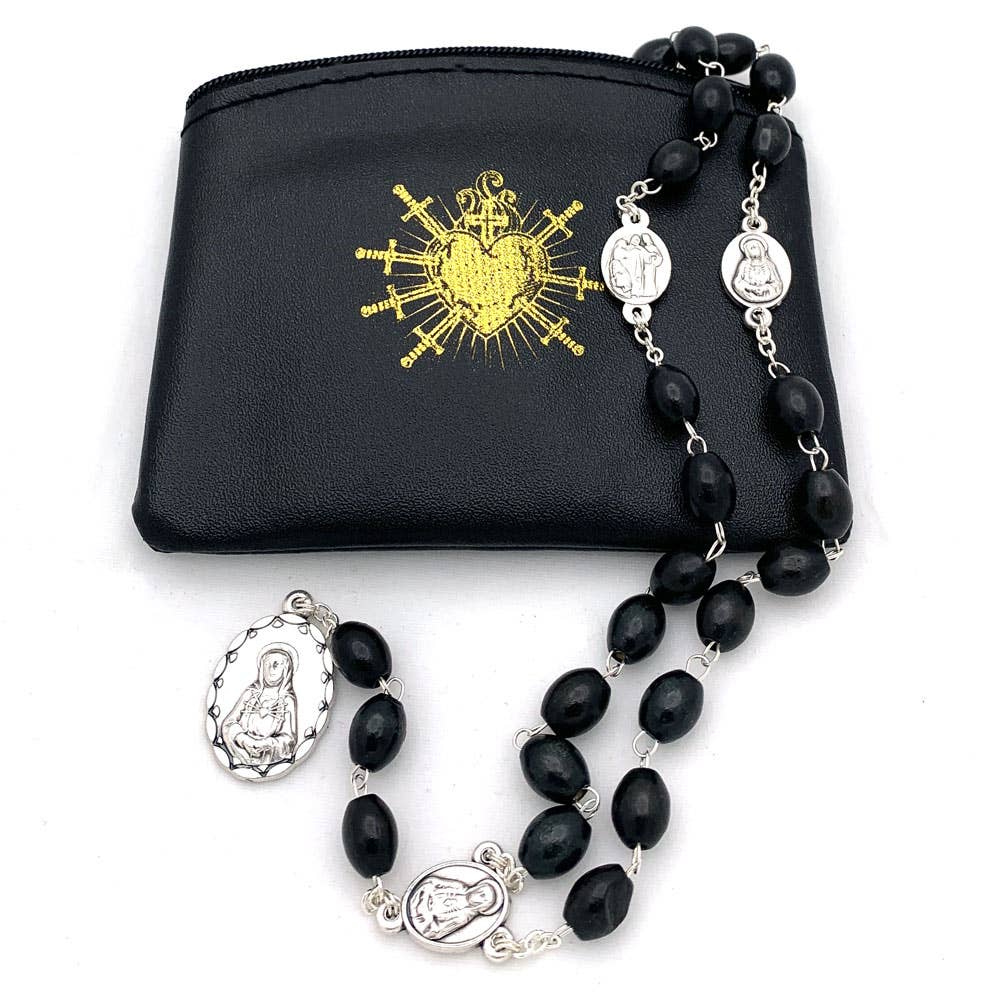 Seven Sorrows Chaplet Rosary Black Wooden Beads & Pouch