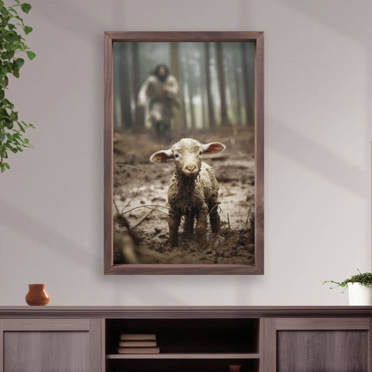 Jesus Running After Lost Lamb Large Framed Print