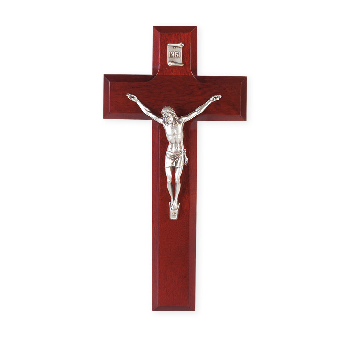 Dark Cherry Wood Cross with Silver Corpus 8"