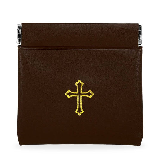 Brown Vinyl Rosary Pouch Squeeze Top Gold Cross Imprint