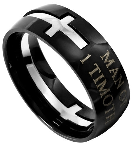 Square Double Cross Black Ring "Man Of God"