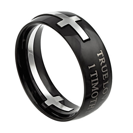 Square Double Cross Black Ring "True Love Waits"