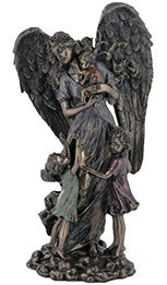 Guardian Angel with children, lightly hand-painted, cold cast bronze, 11"